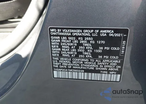 2021 Volkswagen Atlas S from USA, damaged, VIN 1V2AP2CA1MC583228